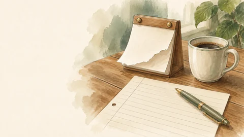 Un éphéméride, une tasse de café et une feuille lignée sur une table.