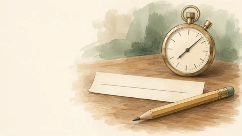 Un chronomètre, une bande de papier et un crayon sur une table.