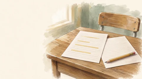 Des feuilles lignées, des lignes surlignées et un crayon sur un bureau d’école.