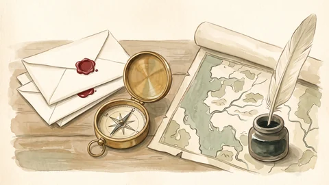 Des lettres cachetées, une boussole, une carte ancienne, une plume et un encrier.