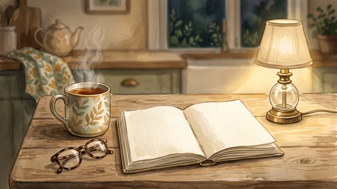 Un livre ouvert, une tasse de thé, des lunettes et une lampe allumée sur une table.