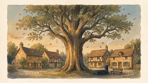 Un grand arbre au milieu de la place d’un village.