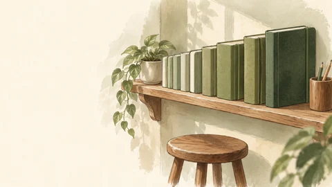 Une étagère de livres verts au-dessus d’un tabouret.