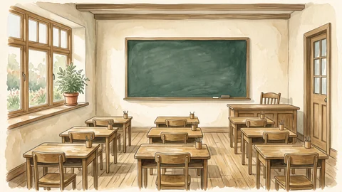 Une salle de classe vide, avec ses tables en bois et un tableau noir.