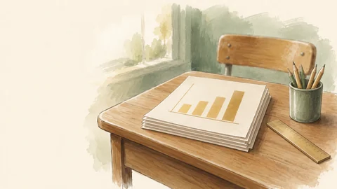 Une pile de feuilles avec un graphique en barres, un pot de crayons et une règle.