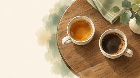 Deux tasses côte à côte sur une table ronde, une de thé et une de café.