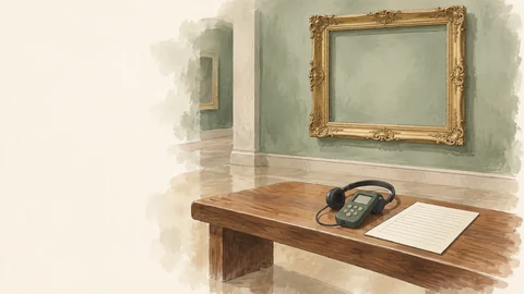 Un cadre doré vide dans une salle de musée, au-dessus d’une table avec un audioguide.