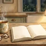 Un livre ouvert et une tasse fumante sur une table.