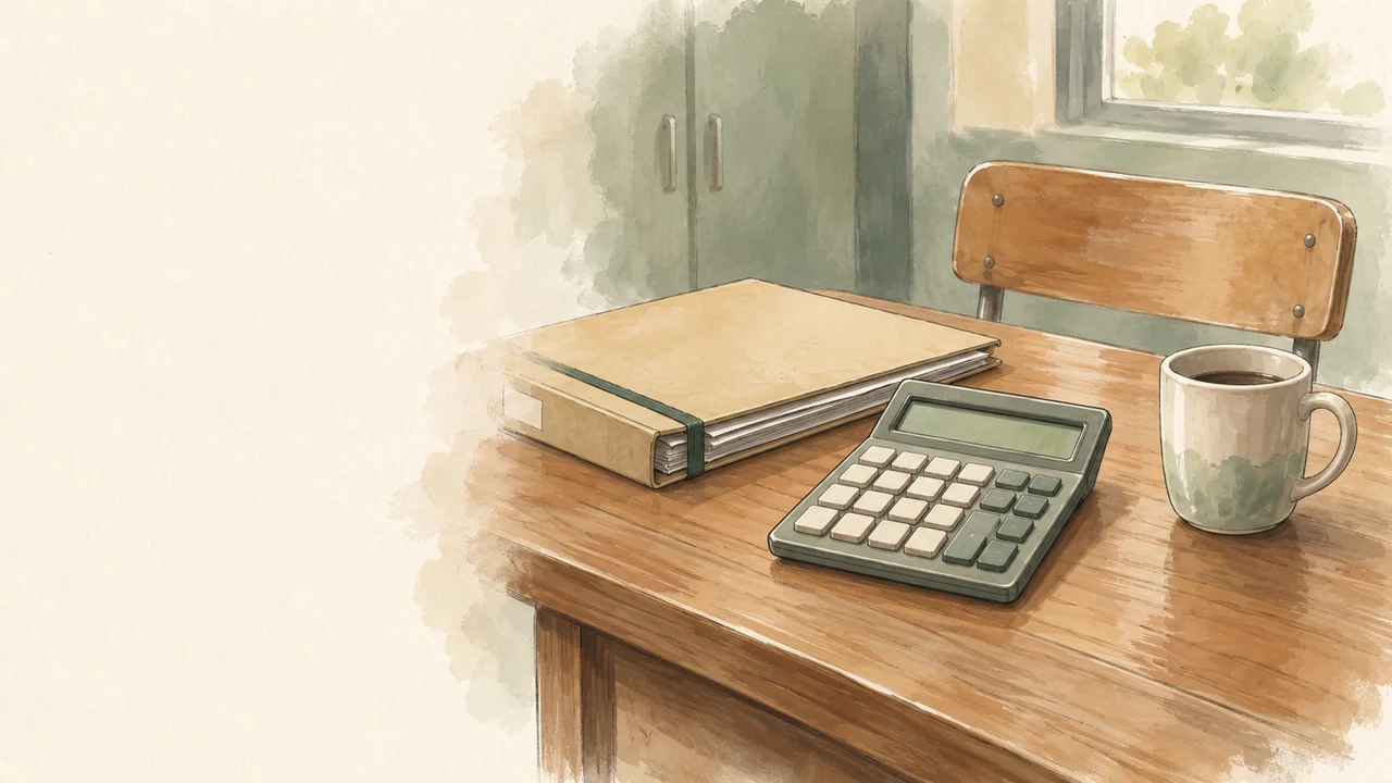 Un classeur, une calculatrice et une tasse sur un bureau.