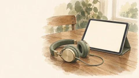 Une tablette et un casque audio sur une table en bois.