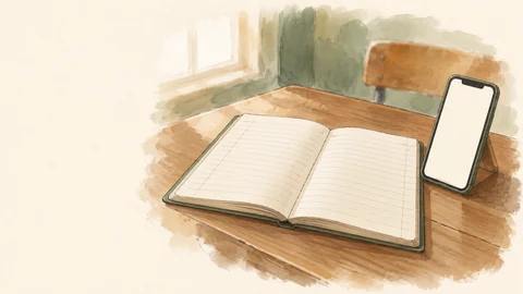 Un cahier ouvert et un téléphone posés sur une table.