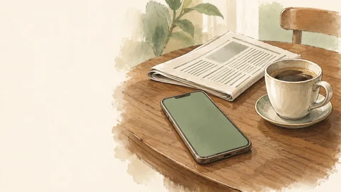 Un téléphone, un journal plié et une tasse de café sur une table.