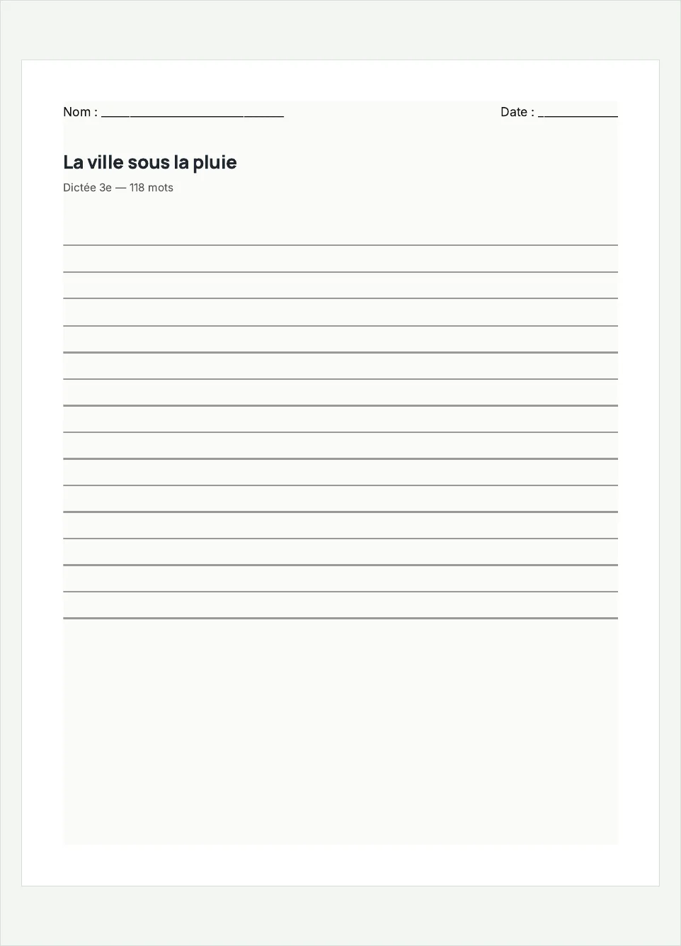 Aperçu de la fiche à imprimer « La ville sous la pluie », niveau 3e.