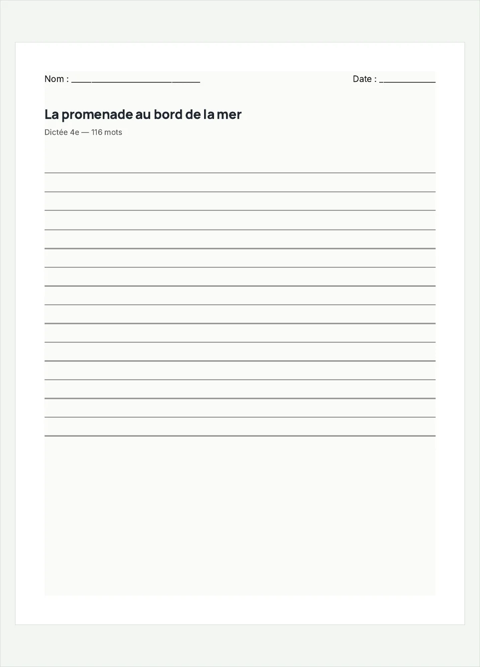 Aperçu de la fiche à imprimer « La promenade au bord de la mer », niveau 4e.