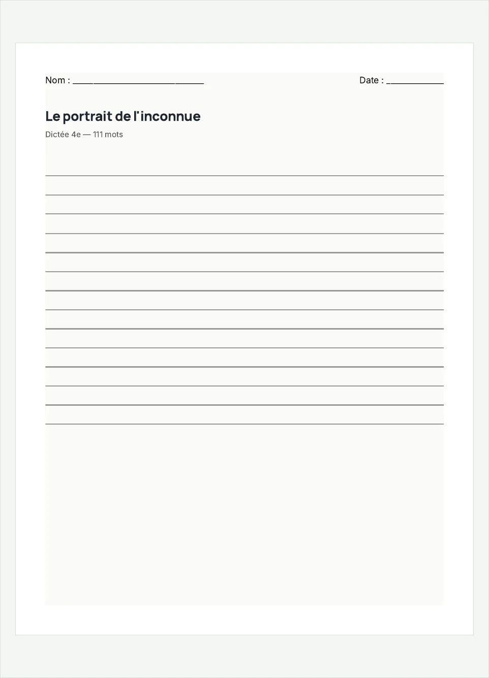 Aperçu de la fiche à imprimer « Le portrait de l'inconnue », niveau 4e.