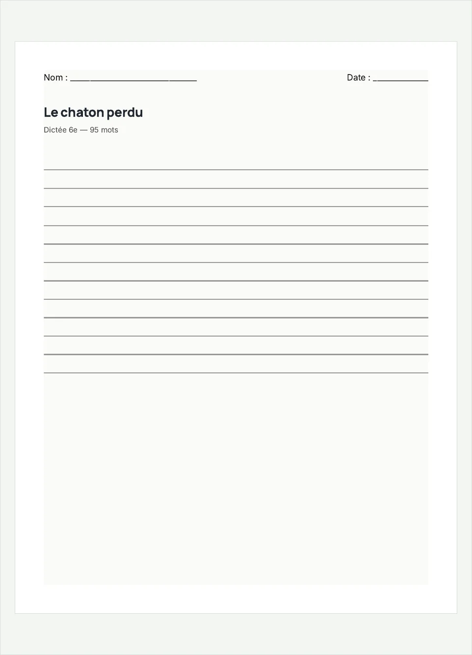 Aperçu de la fiche à imprimer « Le chaton perdu », niveau 6e.