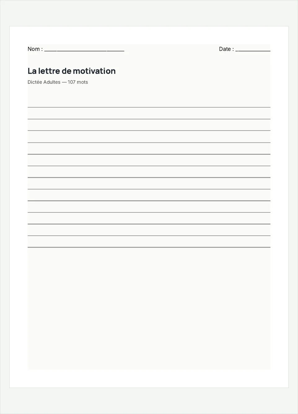 Aperçu de la fiche à imprimer « La lettre de motivation », niveau Adultes.