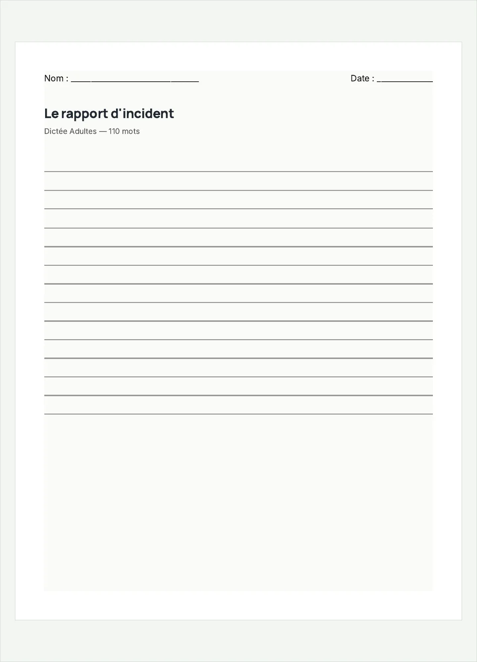 Aperçu de la fiche à imprimer « Le rapport d'incident », niveau Adultes.