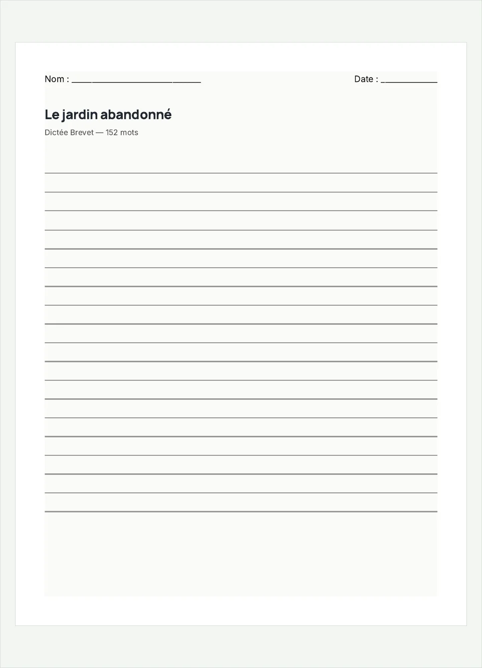 Aperçu de la fiche à imprimer « Le jardin abandonné », niveau Brevet.