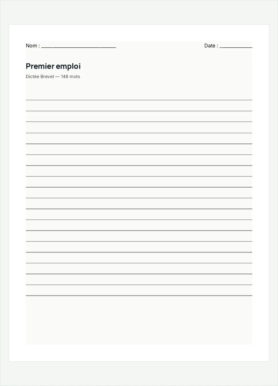 Aperçu de la fiche à imprimer « Premier emploi », niveau Brevet.