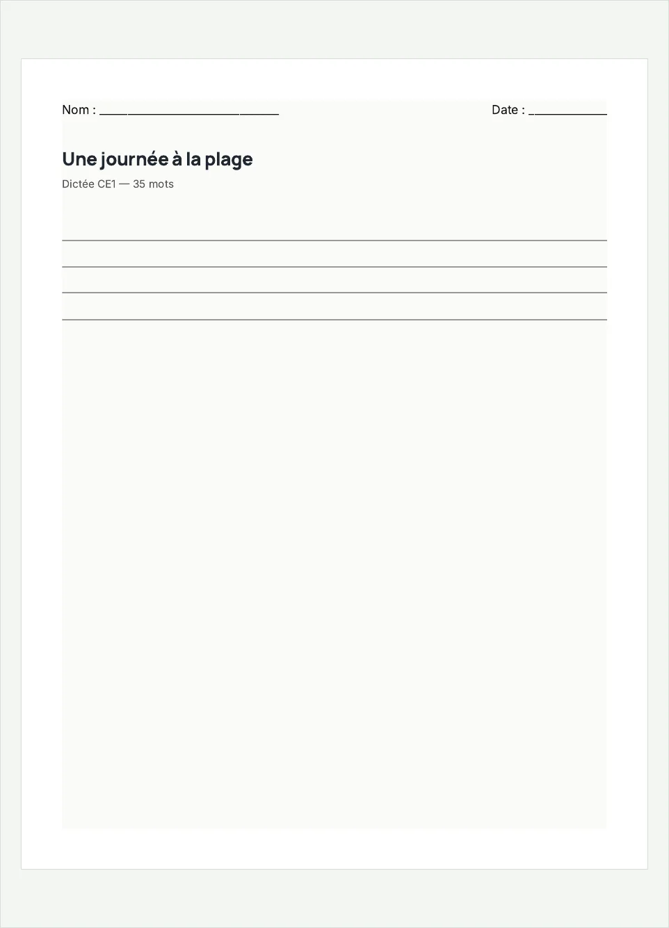 Aperçu de la fiche à imprimer « Une journée à la plage », niveau CE1.