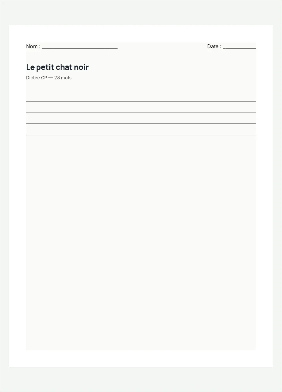Aperçu de la fiche à imprimer « Le petit chat noir », niveau CP.