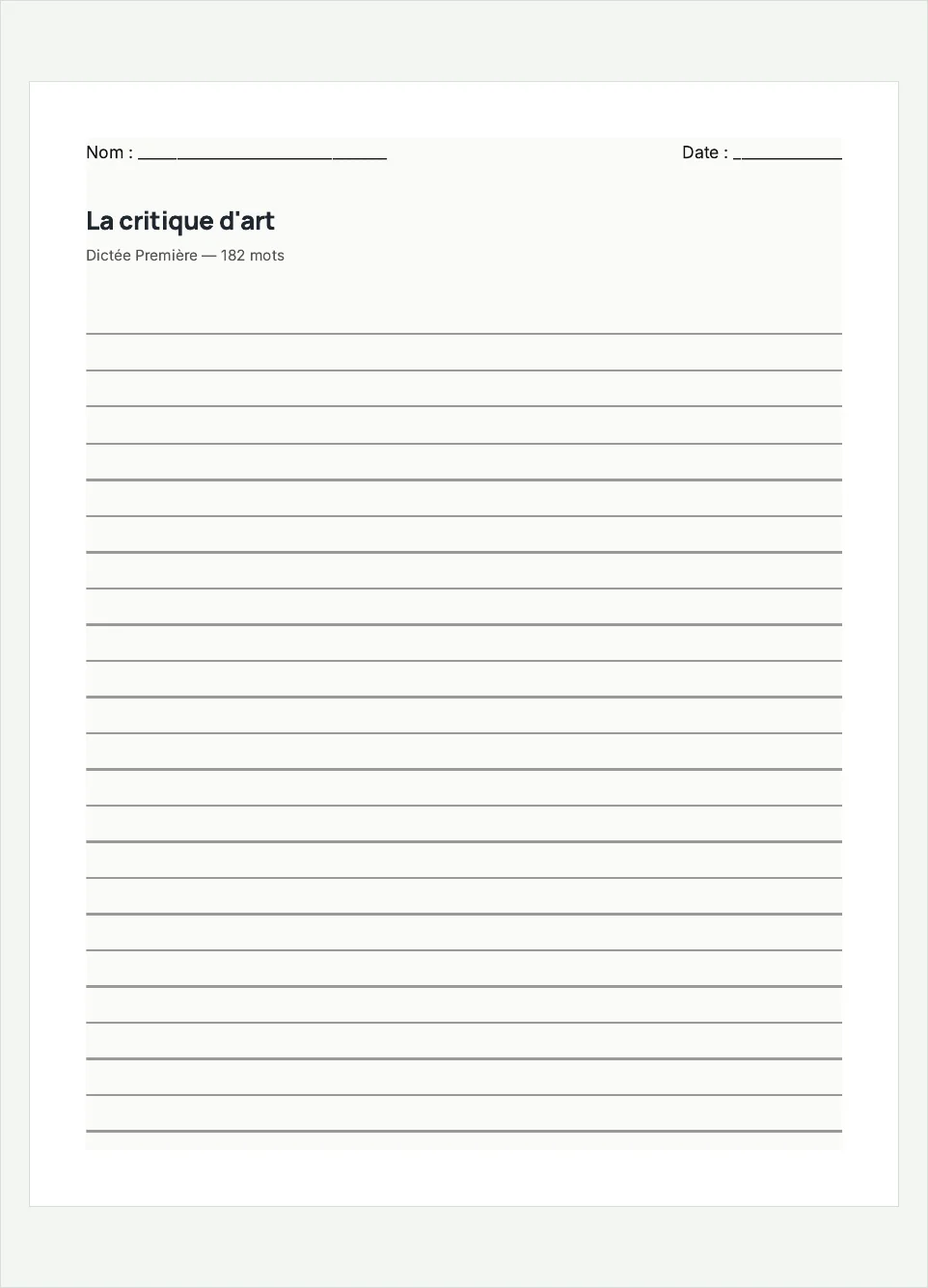 Aperçu de la fiche à imprimer « La critique d'art », niveau Première.