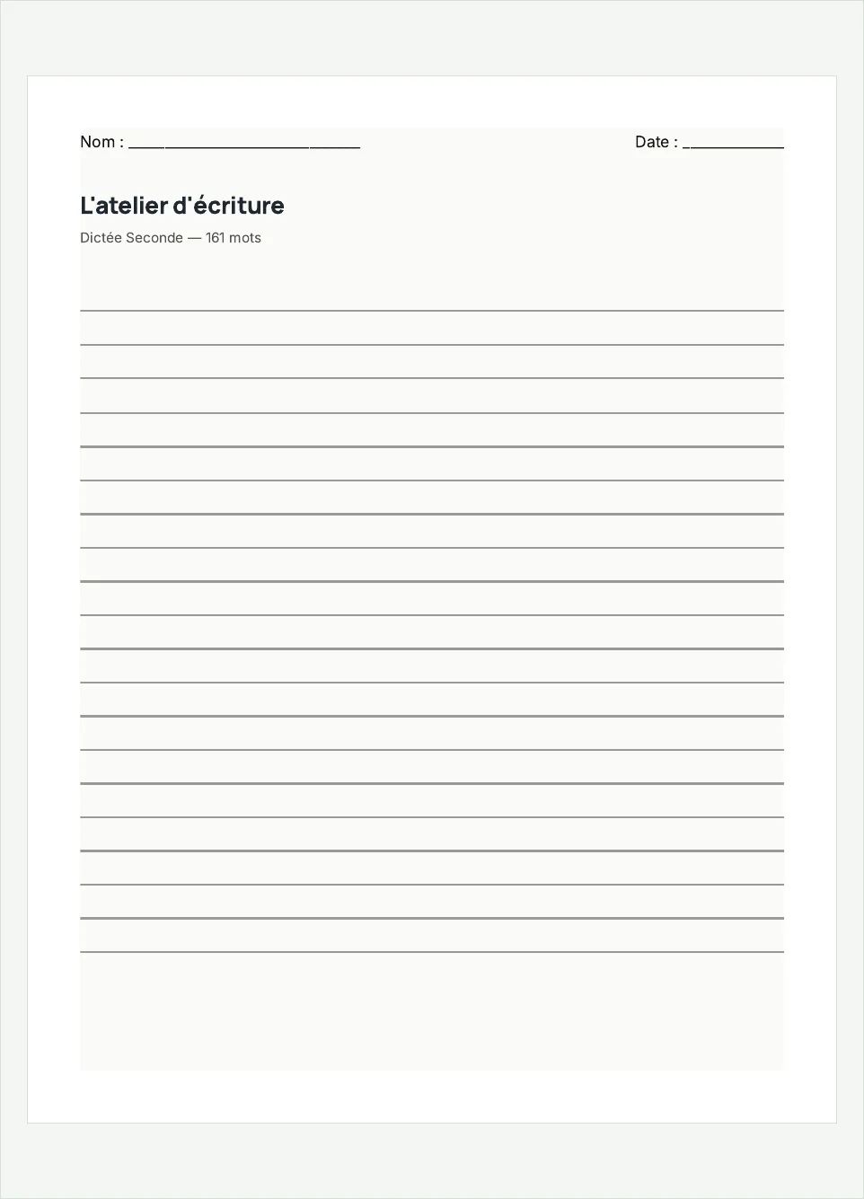 Aperçu de la fiche à imprimer « L'atelier d'écriture », niveau Seconde.