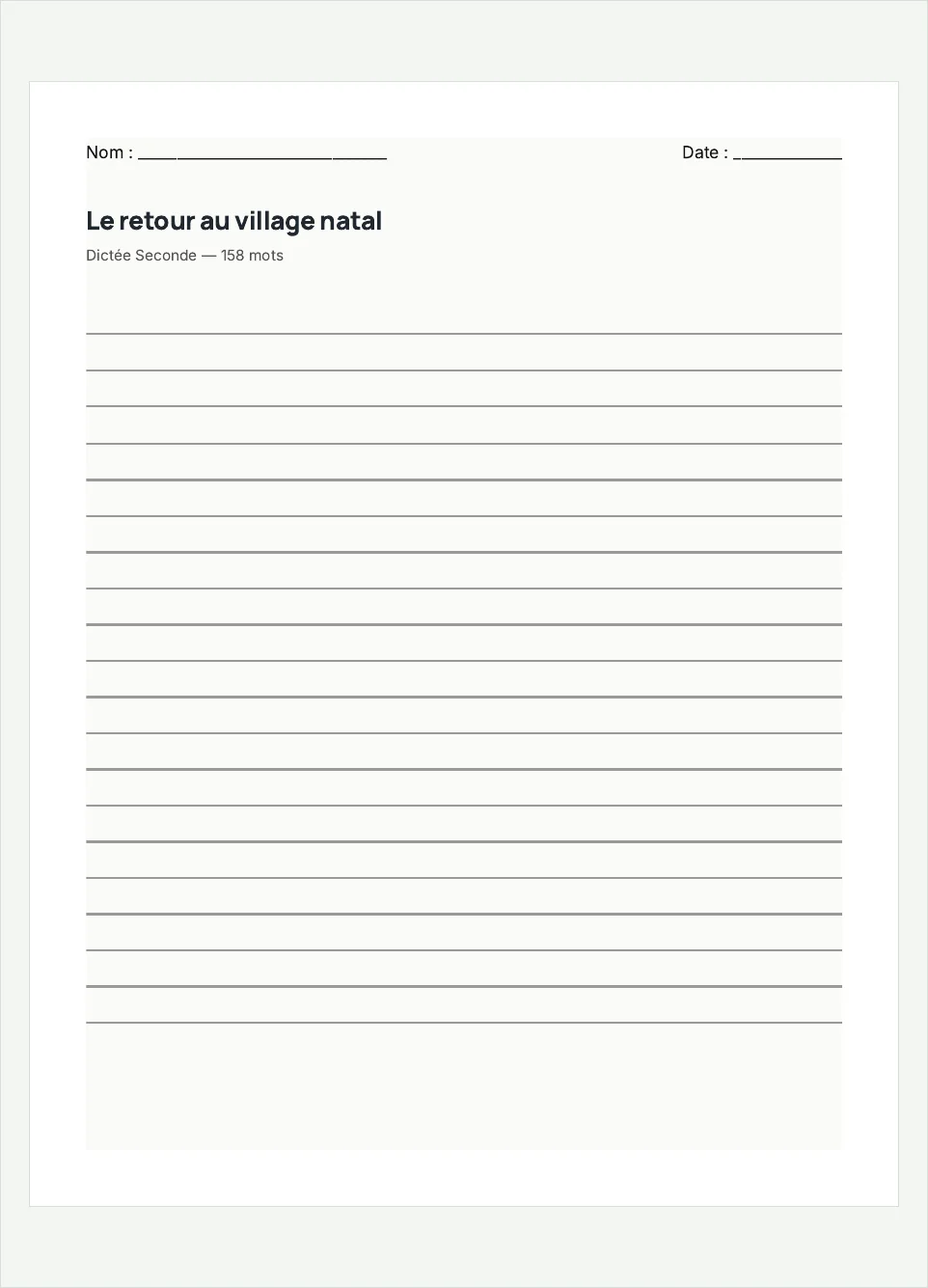 Aperçu de la fiche à imprimer « Le retour au village natal », niveau Seconde.