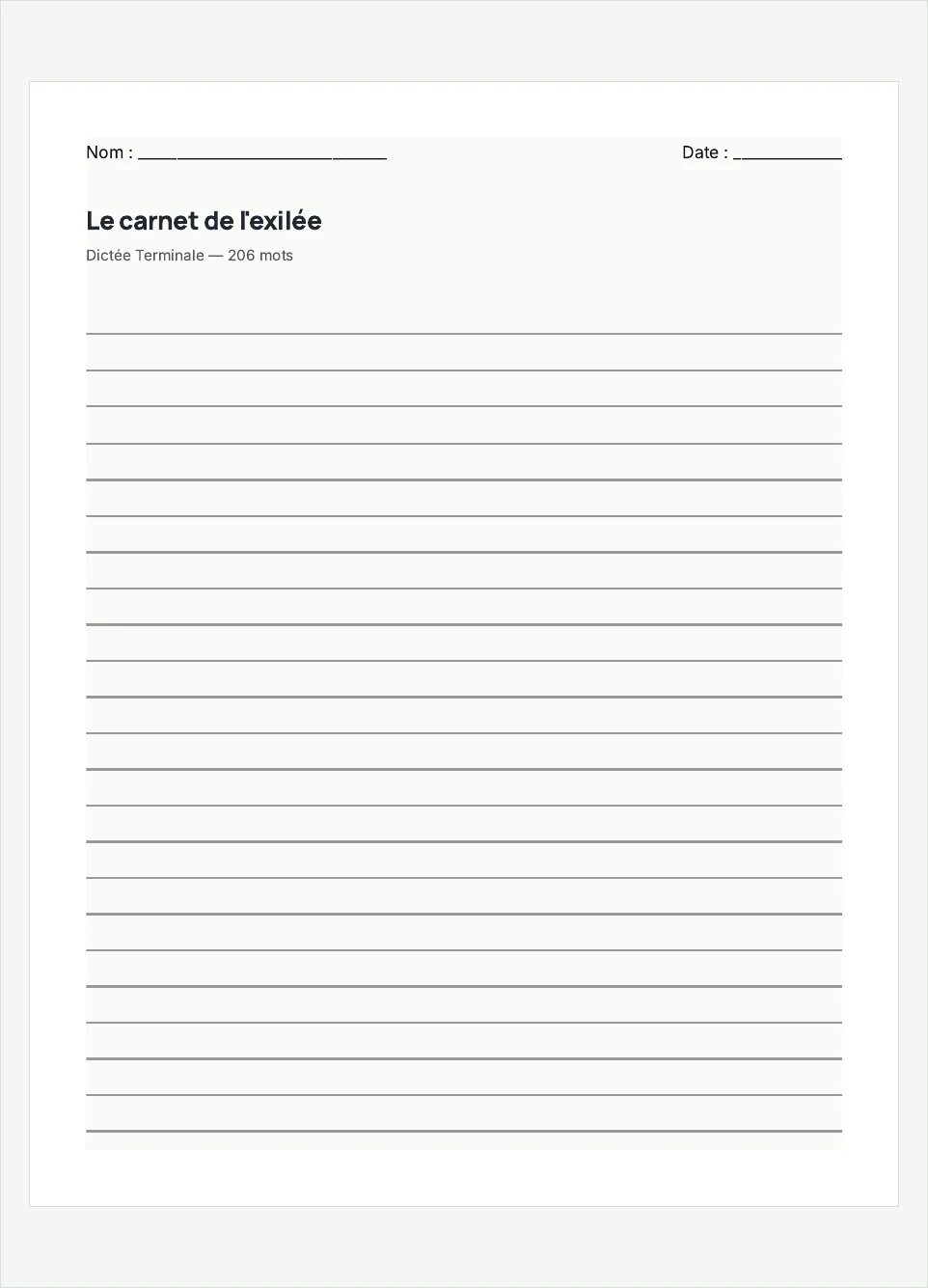 Aperçu de la fiche à imprimer « Le carnet de l'exilée », niveau Terminale.