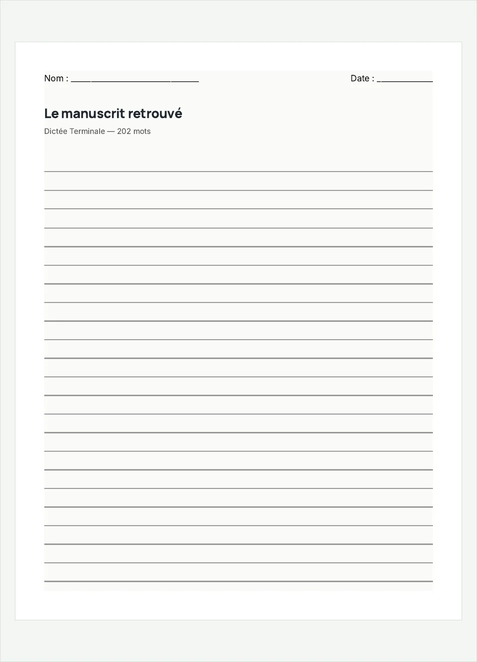 Aperçu de la fiche à imprimer « Le manuscrit retrouvé », niveau Terminale.