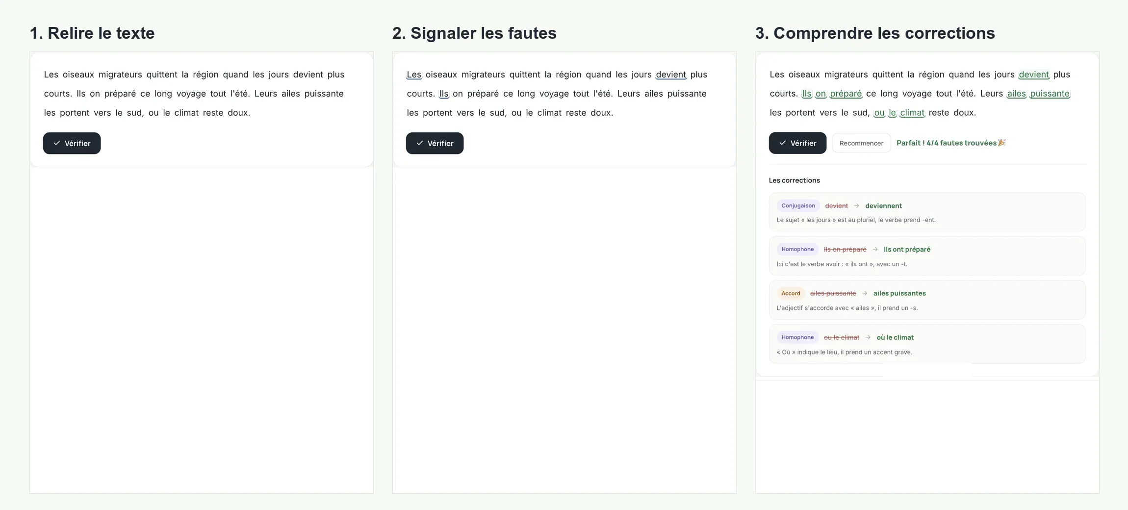 Trois étapes de l'exercice Cherche les fautes : relire, signaler les erreurs puis comprendre les corrections.