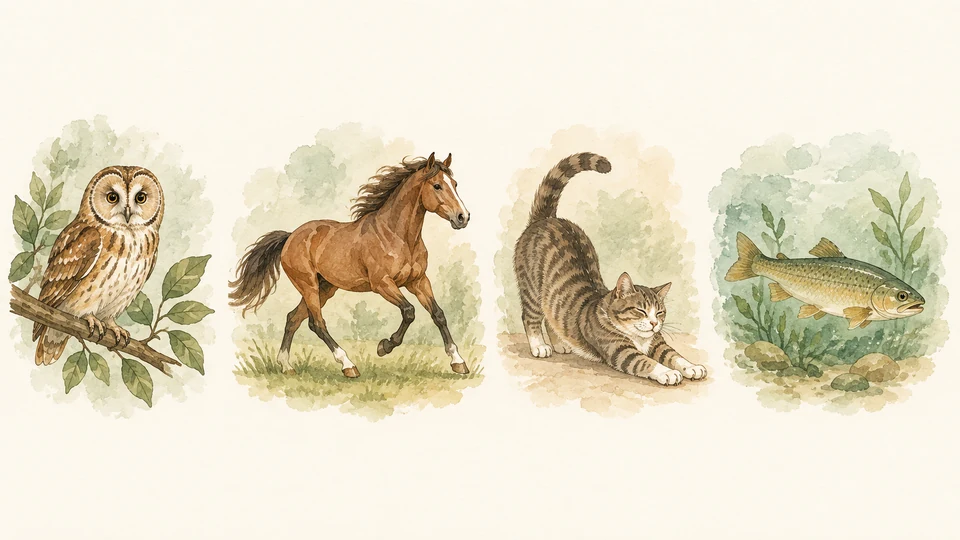 Quatre scènes sans texte évoquant les animaux, conçues comme points de départ pour une dictée.