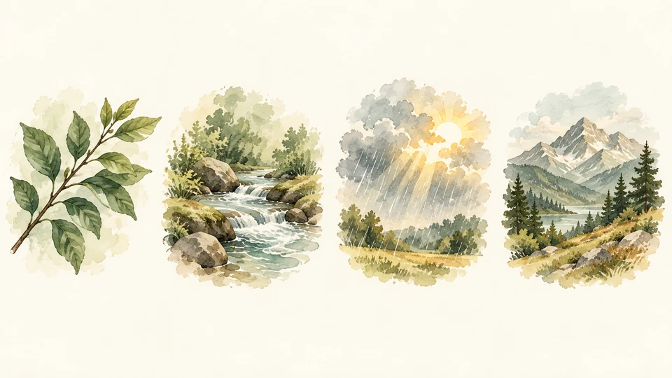 Quatre scènes sans texte évoquant la nature, conçues comme points de départ pour une dictée.