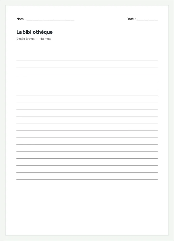 Aperçu de la fiche « La bibliothèque », avec les lignes pour écrire.