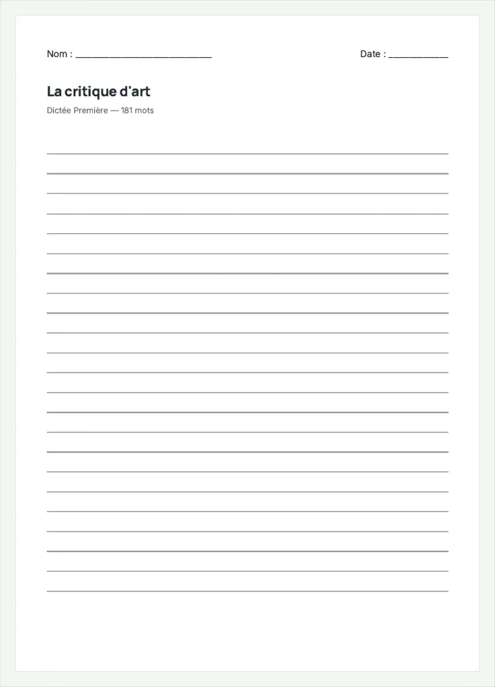 Aperçu de la fiche « La critique d'art », avec les lignes pour écrire.