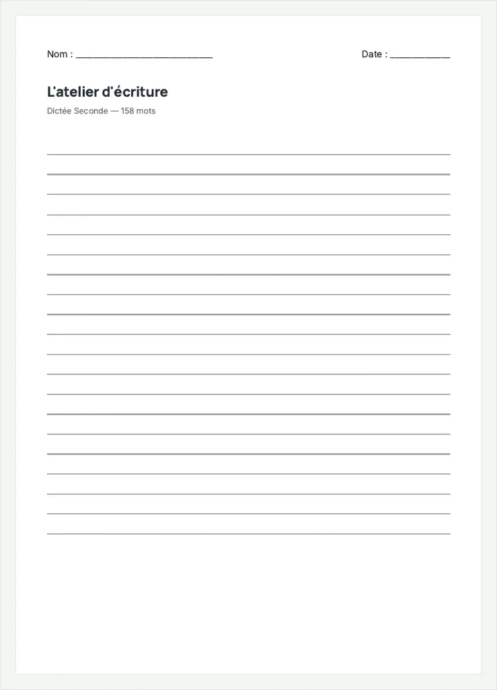 Aperçu de la fiche « L'atelier d'écriture », avec les lignes pour écrire.