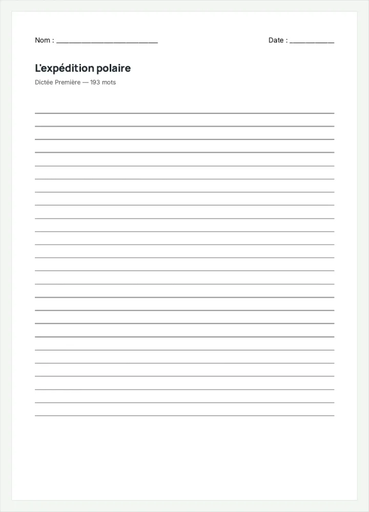 Aperçu de la fiche « L'expédition polaire », avec les lignes pour écrire.