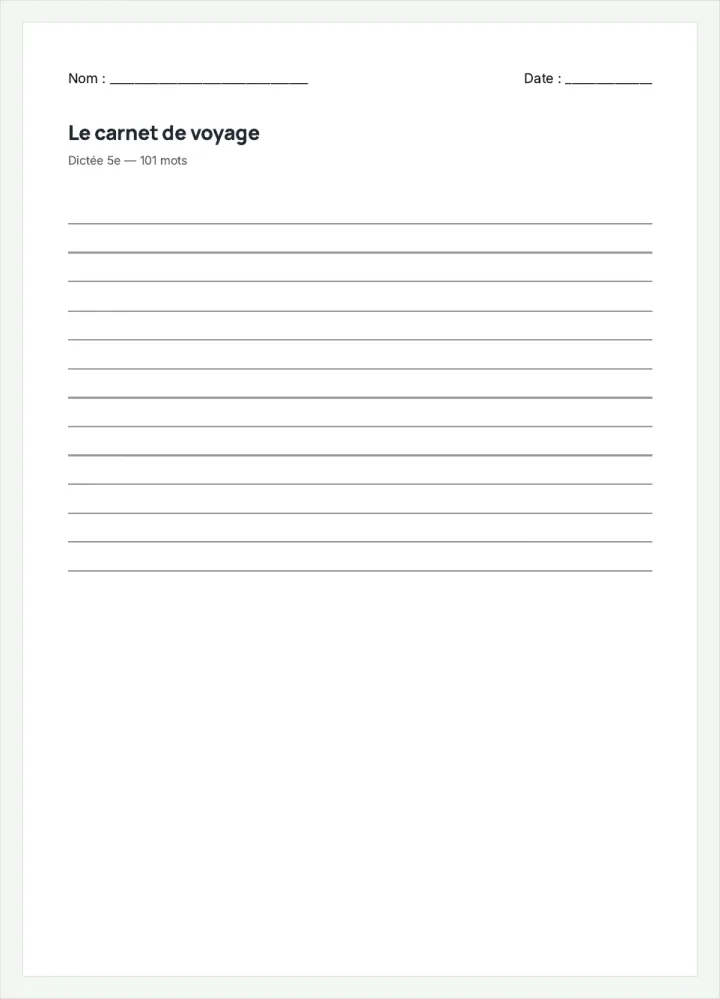Aperçu de la fiche « Le carnet de voyage », avec les lignes pour écrire.