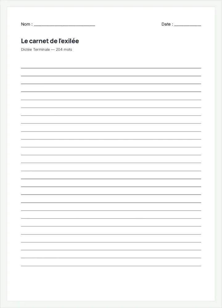 Aperçu de la fiche « Le carnet de l'exilée », avec les lignes pour écrire.