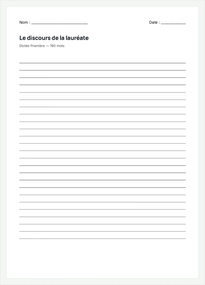Aperçu de la fiche « Le discours de la lauréate », avec les lignes pour écrire.