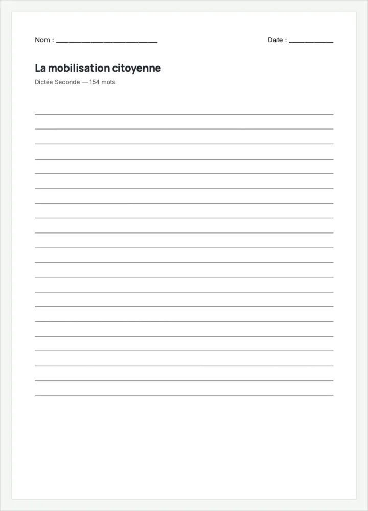 Aperçu de la fiche « La mobilisation citoyenne », avec les lignes pour écrire.